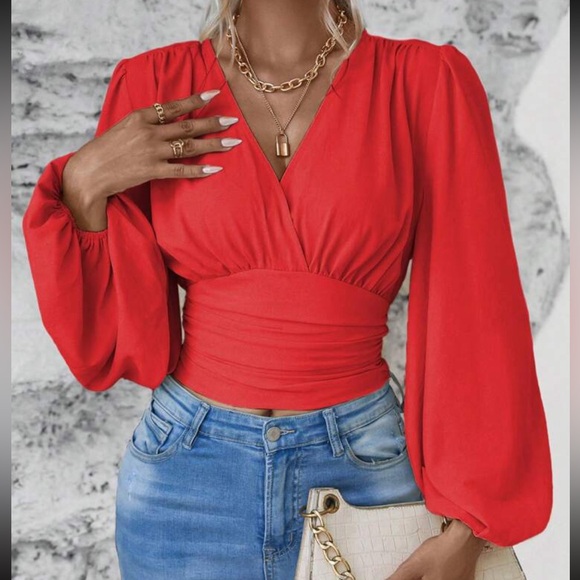 Boho Classic Elegant VNeck Pleated Smocked Long Sleeve Cropped Top Blouse Shirt - Picture 11 of 12